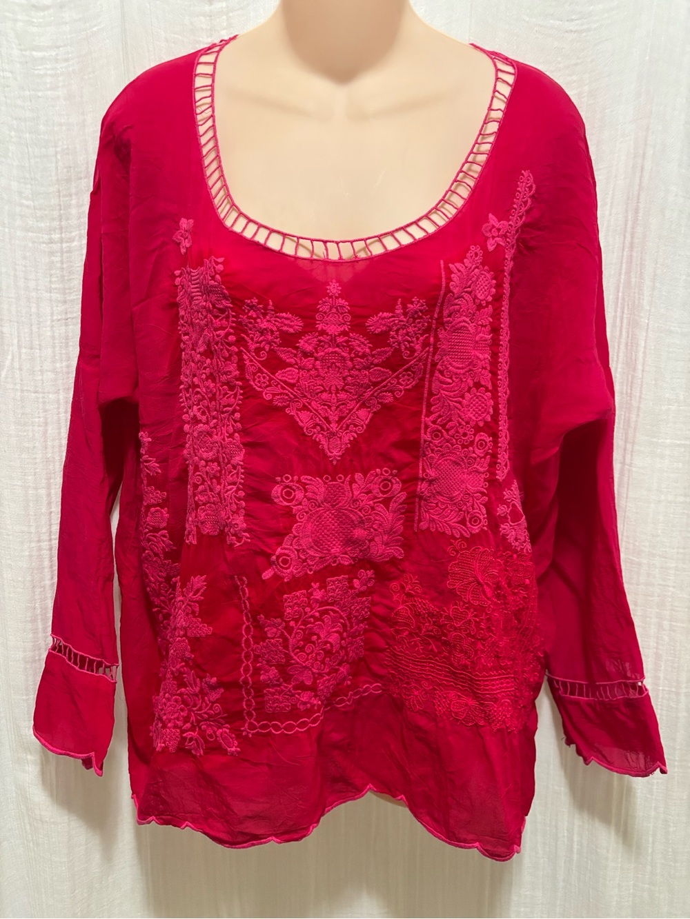 Johnny Was BOHO Embroidered Floral Lace Scoop Neck Long Sleeve Blouse Size M